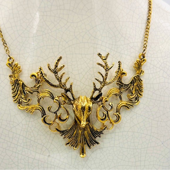 Stag of the Woods Deer Gold Tone statement necklace - Picture 3 of 13
